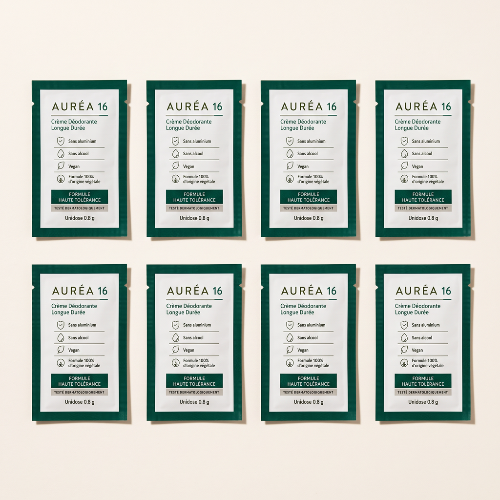 Les 8 sachets unidoses de la boîte AURÉA 16, crème déodorante longue durée